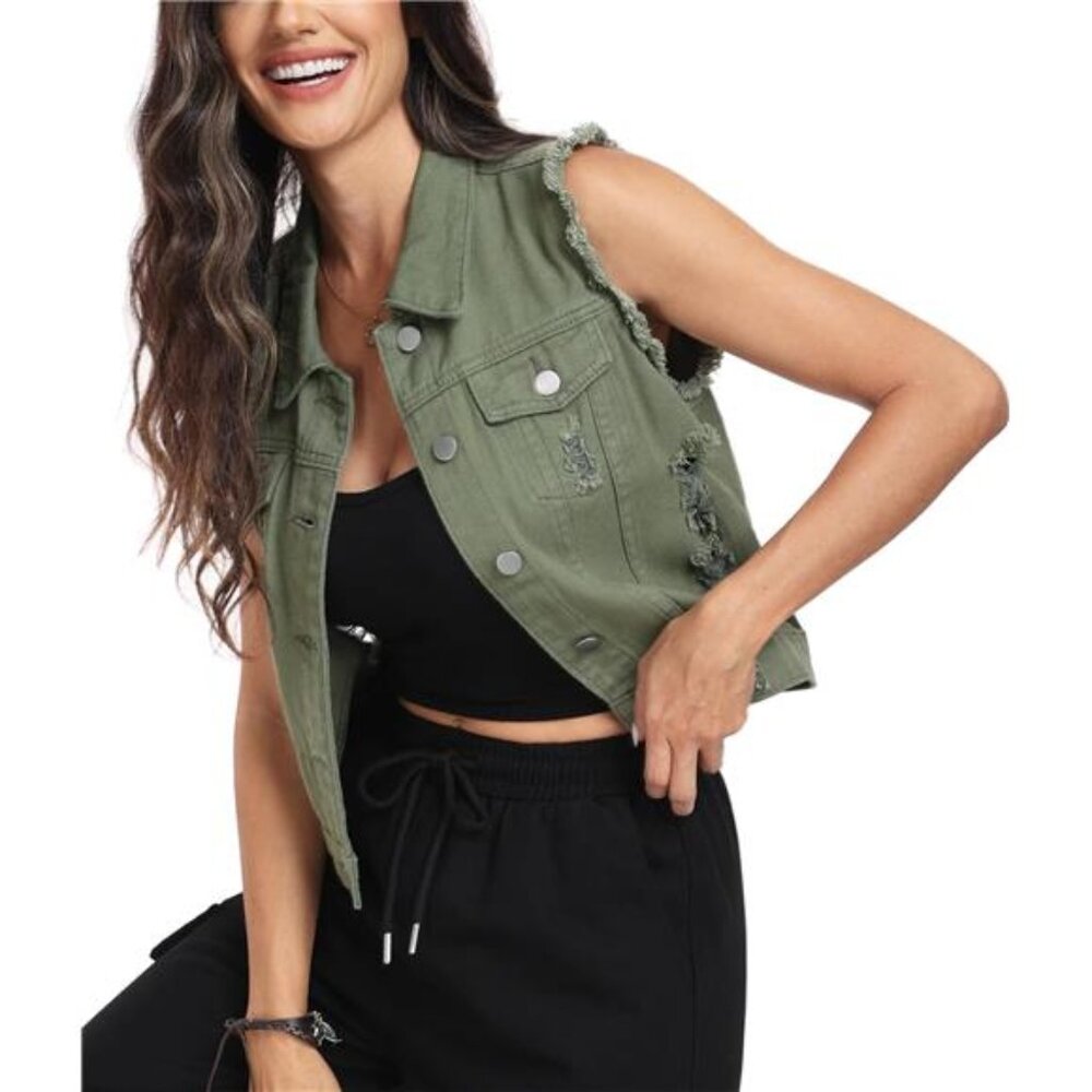 New Women's Cropped Distressed Denim Vest – Ripped Sleeveless Jean Jacket with - Picture 3 of 5